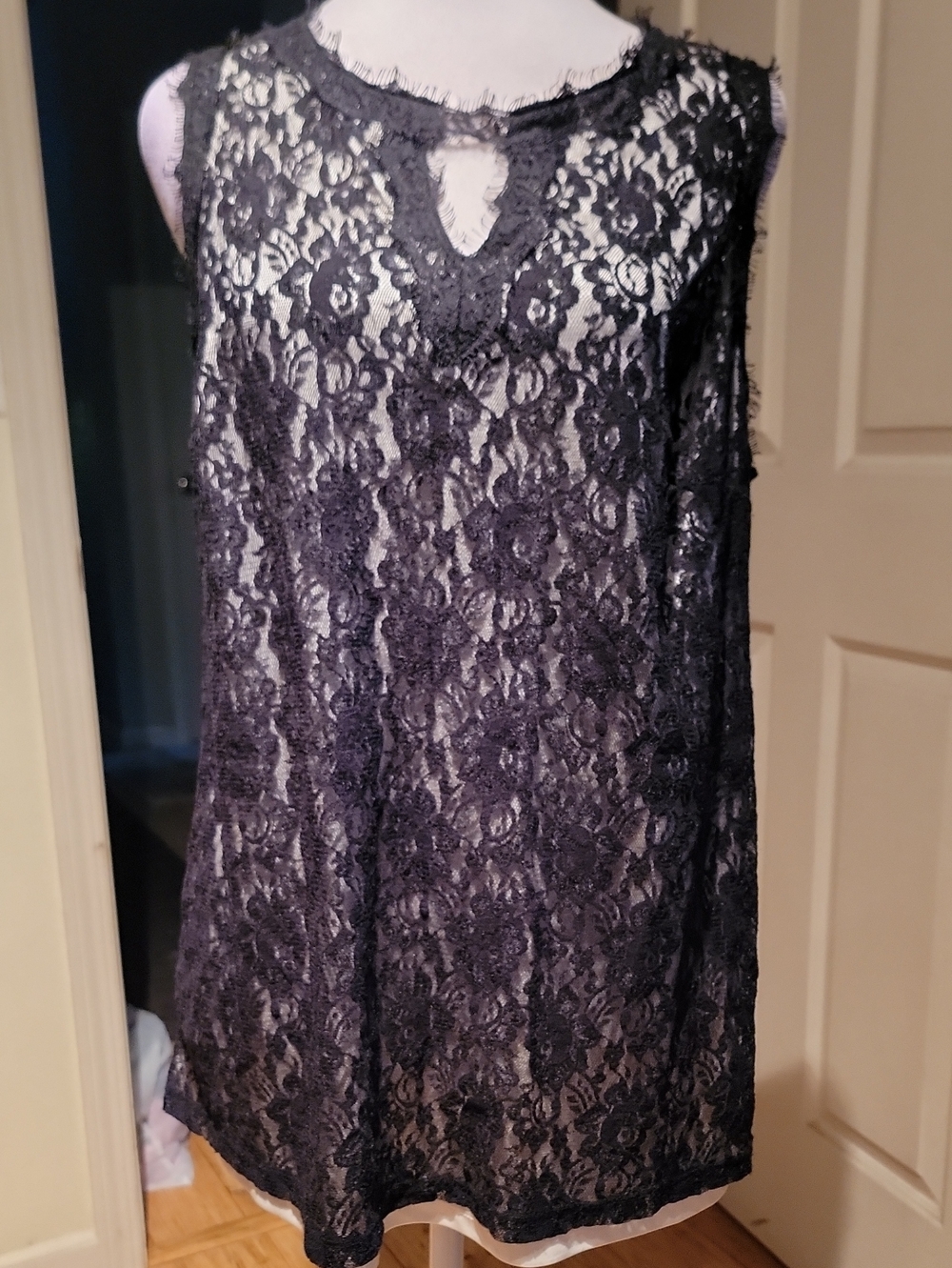 Inc Lace Overlay Sleeveless Top - Black